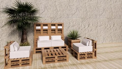 Pool in resort, terrace with sofas and sun loungers by the pool. Stock Illustration