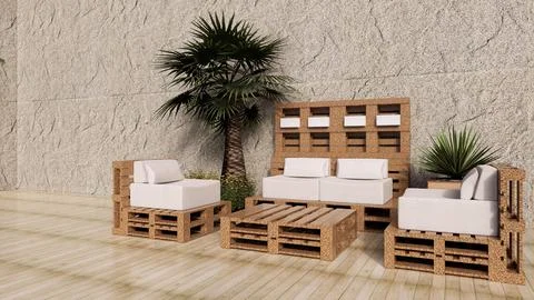 Pool in resort, terrace with sofas and sun loungers by the pool. Stock Illustration