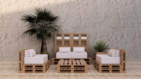 Pool in resort, terrace with sofas and sun loungers by the pool. Stock Illustration