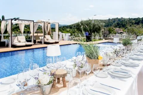 Pool Side Wedding Party Decor Stock Photos