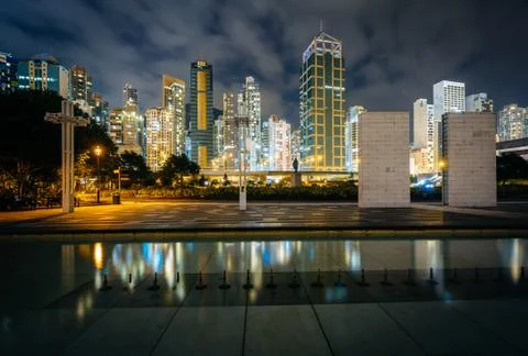 Pool at Sun Yat Sen Memorial Park and modern skyscrapers in Hong Kong, Hong K Stock Photos