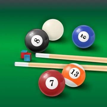 Pool table background  illustration with billiard balls and billiard chalk an Stock Illustration