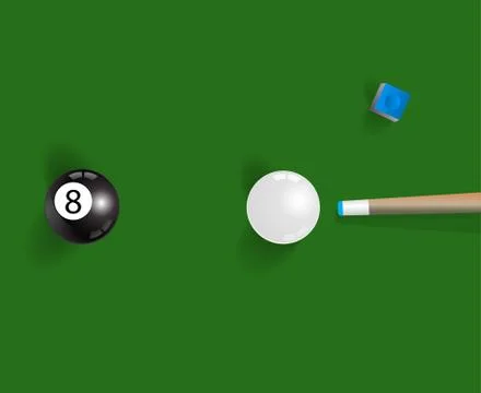 Pool table background with white and black  pool ball, chalk and cue Stock Illustration
