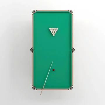 Pool table with balls and cues on top on a white background Stock Illustration