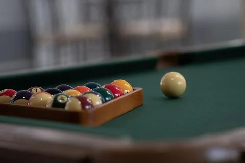 Pool Table Billiard Balls Rack Cue Ball Green Felt Break Stock Photos