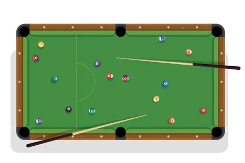 Pool table, billiard stick and billiard balls for game. Pool table with colorful Stock Illustration