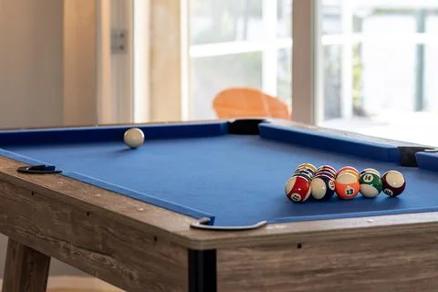 Pool Table Blue Felt Cue Ball Indoor Recreation Room Florida Stock Photos