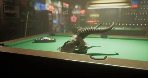 Pool table with a bull skull and neon lights in a cozy bar setting Stock Illustration
