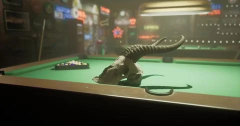Pool table with bull skull and colorful bar decorations in a dimly lit room Stock Illustration