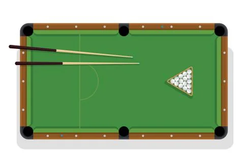 Pool table, cue and billiard balls for game. Billiard table with triangle, balls Illustrazione stock