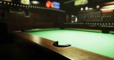 Pool table in a dimly lit bar with vibrant neon signs above Stock Illustration