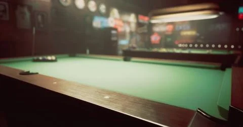 Pool table in a dimly lit bar with retro decorations and vibrant neon signs Stock Illustration