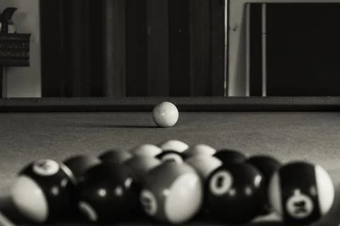 Pool table in a home environment, black and white 写真素材