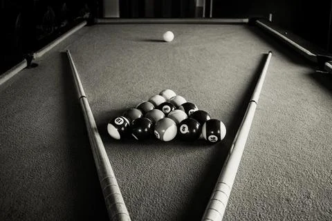 Pool table in a home environment, black and white 스톡 사진