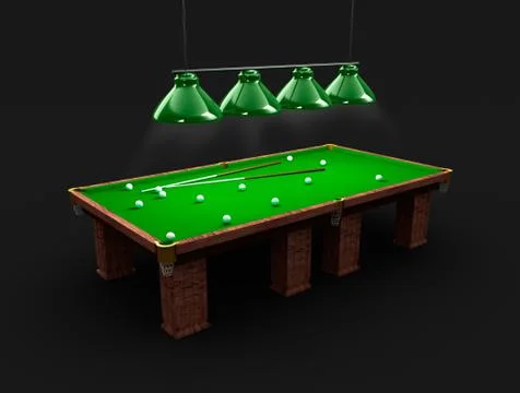 Pool table with light, billiard balls and cues Illustrazione stock