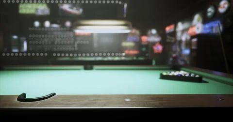 Pool table ready for a game at a busy bar in the evening atmosphere Stock Illustration