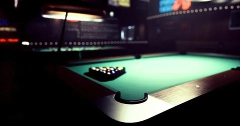 Pool table set up in a dimly lit bar with vibrant background lights Stock Illustration