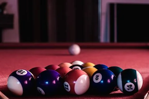 Pool table set up to start 스톡 사진