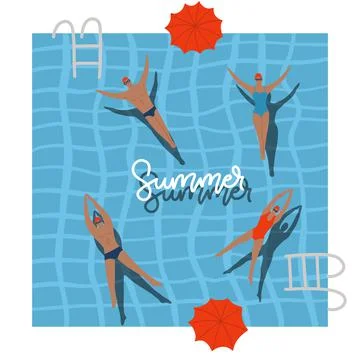 Pool Top view with umbrellas, summer holidays banner. People swimming, relax Stock Illustration