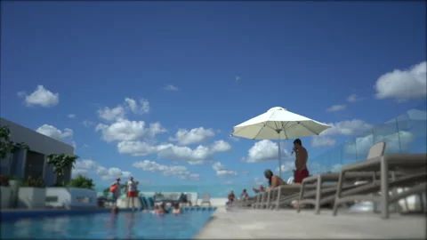 Pool view with white umbrellas and with no people in soft focus. Vocation Stock Footage 167525608