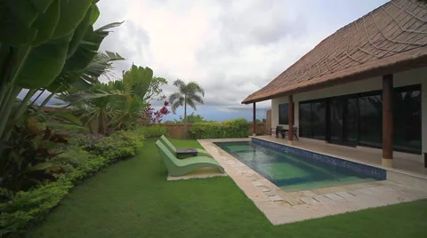 Pool villa luxury house home swimming exterior modern garden beautiful design Stock Footage