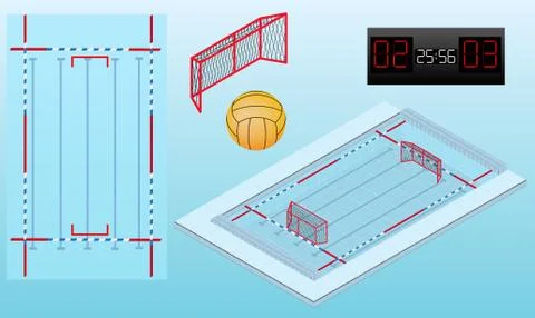 Pool for water polo isometric image, ball, nets, and scoreboard. Water polo p Stock Illustration