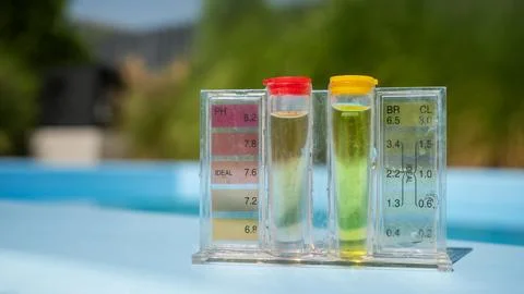 A pool water testing kit with pH and chlorine levels displayed in tubes, set Stockfoto's