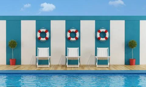Pool with white deckchairs Stock Illustration