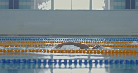 Pool workout, water paths. Athletes swimmers swim on the water lanes of the pool Stock Footage 168706051