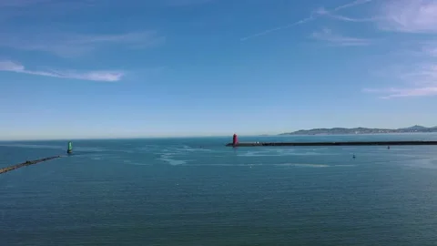 Poolbeg Lighthouse  Dublin start from sea side to eternity ariel day shoot Stock Footage 205049712