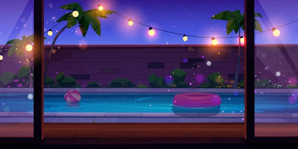 Poolside in backyard at night. Stock Illustration