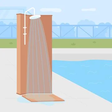 Poolside backyard shower flat color vector illustration Stock Illustration