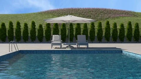 Poolside Patio With Cushioned Seating and Hillside Landscape Stock Illustration