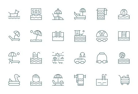 Poolside Vector Icon Set with 24 Thin Line 256x256 Pixel Aligned Graphics Stock Illustration