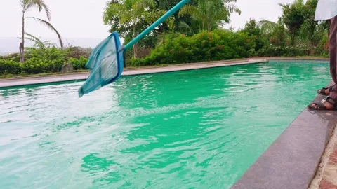 Poolside worker sweeps floating dirt with a cleaning pole Stock Footage 311623700