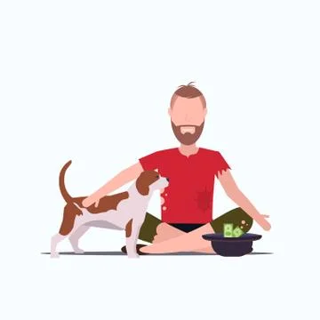 Poor bearded man with dog sitting on floor beggar guy begging for money homeless 스톡 일러스트