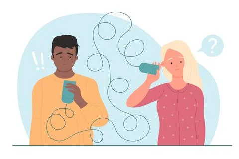 Poor communication and relationship problems in confused couple with tin can Ilustração Stock