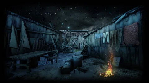 Poor cottage by the fire at night Stock Footage 196478317