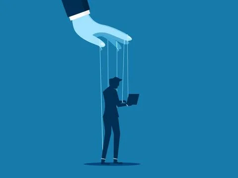 Poor ethics and morals of the organization. Businessman puppet on string Stock Illustration
