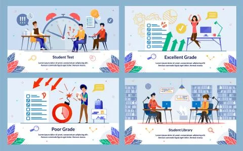 Poor Excellent Grade, Student Test and Library. Teacher Looks at Students aga Stock Illustration