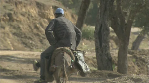 A poor farm worker riding a donkey in a third world country Stock Footage 38638339