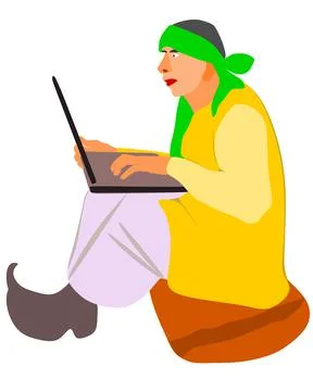 Poor farmer man cartoon operating computer technology Stock Illustration