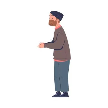 Poor Homeless Man Waiting in Queue for Free Food and Donation Vector Stock Illustration