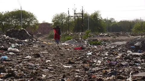 Poor indian lady in garbage field Stock Footage 62529334