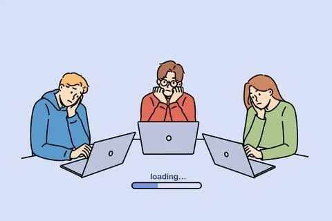 Poor internet speed frustrates students using laptops and waiting for 스톡 일러스트