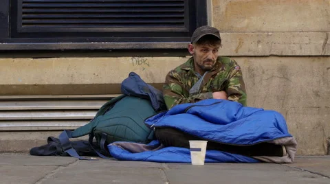 Poor man begging after job loss  Stock Footage