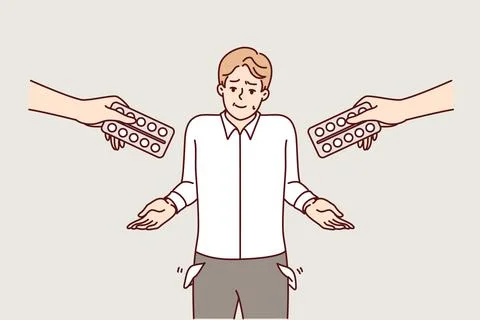 Poor man cannot buy medications and shows empty pockets, standing among hands Stock Illustration