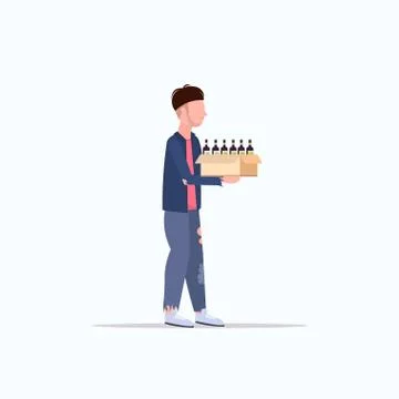 Poor man carrying box with empty bottles beggar earning money homeless jobless Stock Illustration