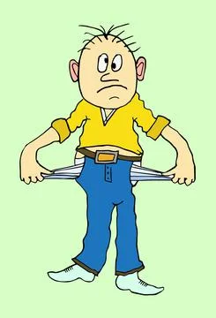 Poor man. Empty pockets . Cartoon character.  Vector illustration in flat des Stock Illustration