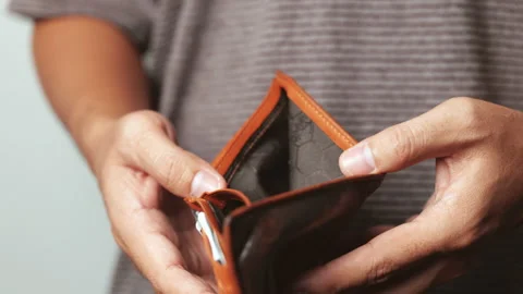 Poor man hand open empty wallet looking for money, broke, bankrupt concept Stock Footage 158311599